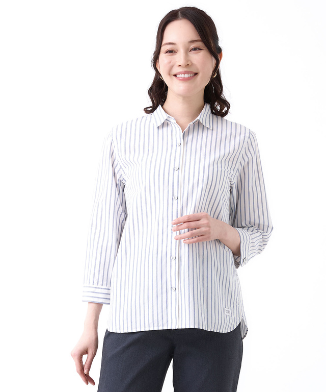 スノーコットン ストライプ 七分袖 シャツ【接触冷感】
