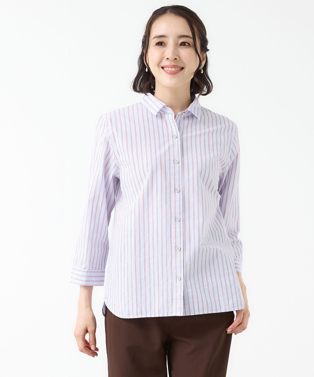 スノーコットン ストライプ 七分袖 シャツ【接触冷感】