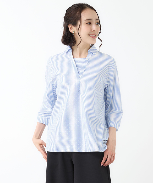 スノーコットン ストライプ スキッパー ブラウス【接触冷感】