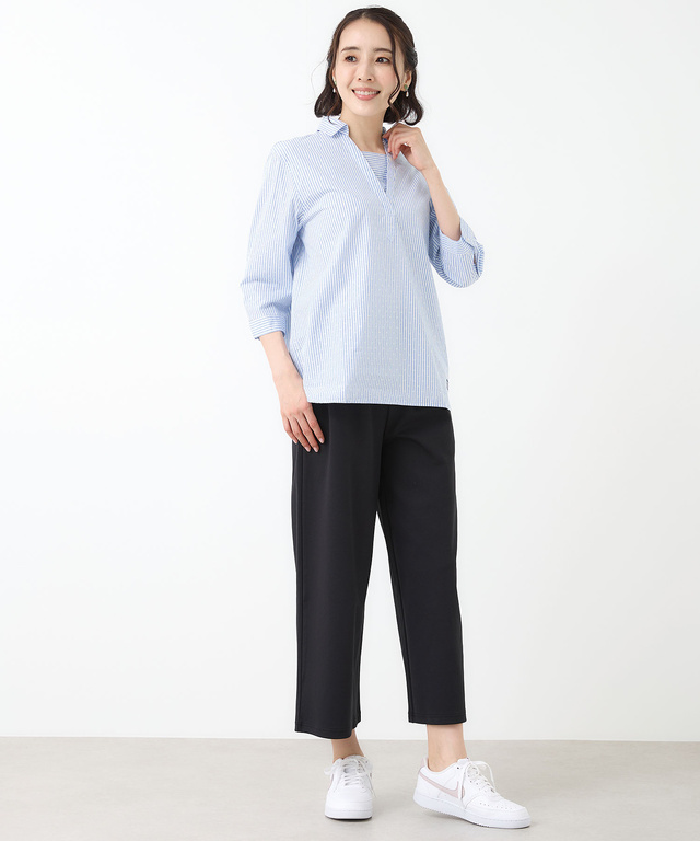 スノーコットン ストライプ スキッパー ブラウス【接触冷感】