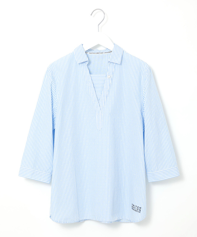 スノーコットン ストライプ スキッパー ブラウス【接触冷感】