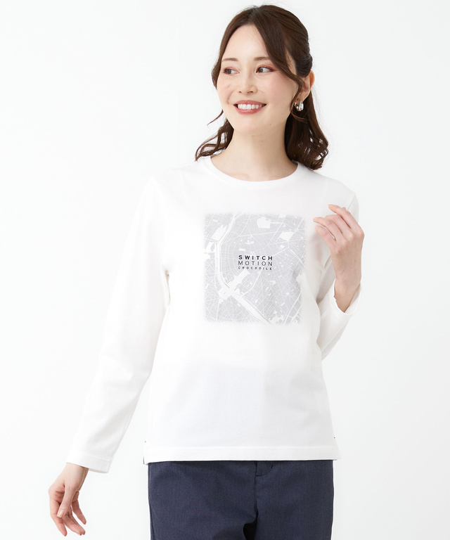 マップ柄プリント 長袖 Tシャツ