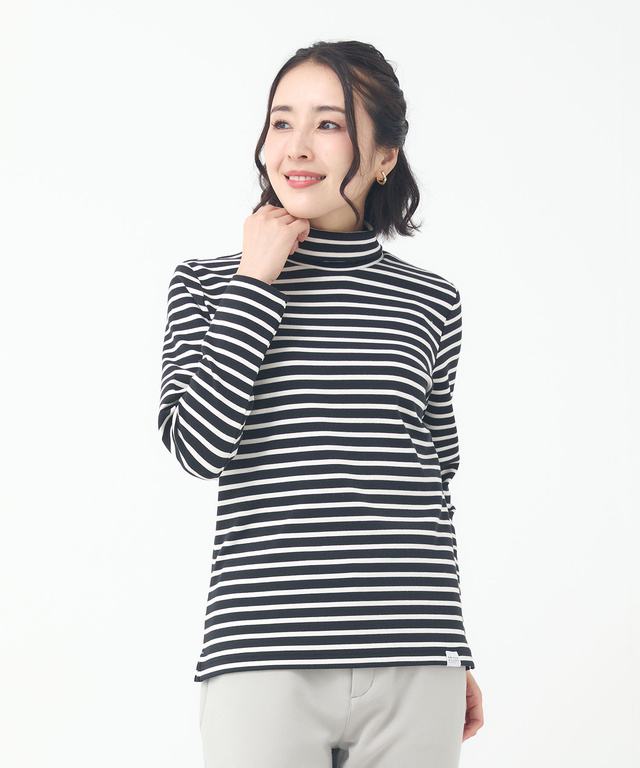 起毛ボーダー タートルネックカットソー