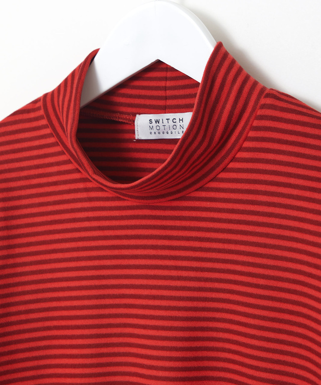 天竺 ボーダー柄 ハイネックカットソー