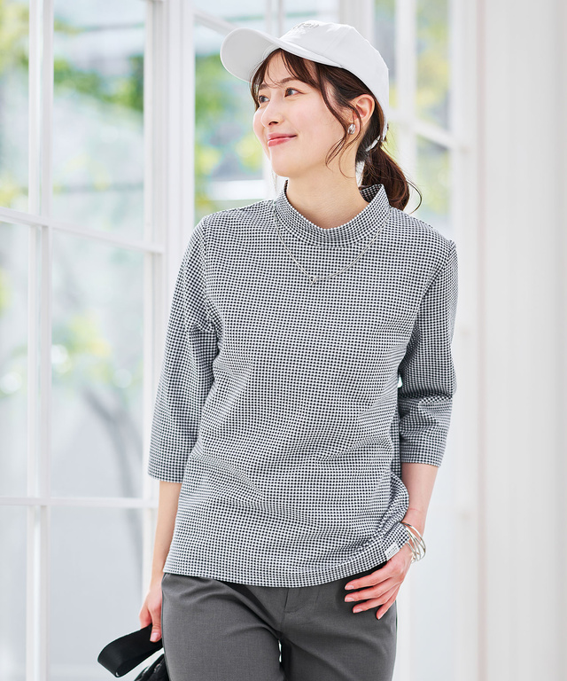 ギンガム ハイネック カットソー
