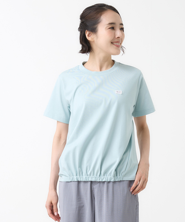 プレーティング天竺 裾ギャザー Tシャツ【接触冷感】