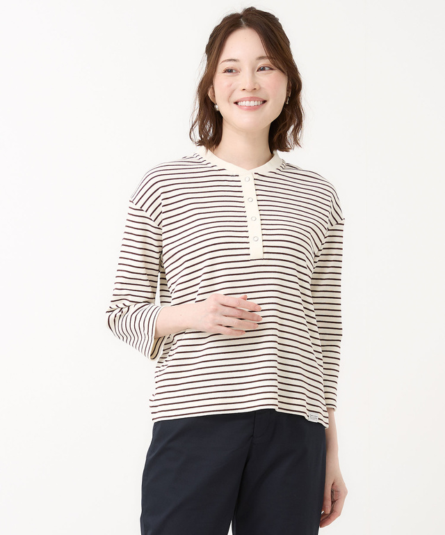 テレコボーダー ヘンリーネック 7分袖 Tシャツ
