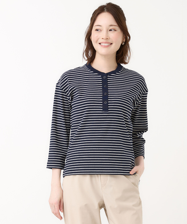 テレコボーダー ヘンリーネック 7分袖 Tシャツ