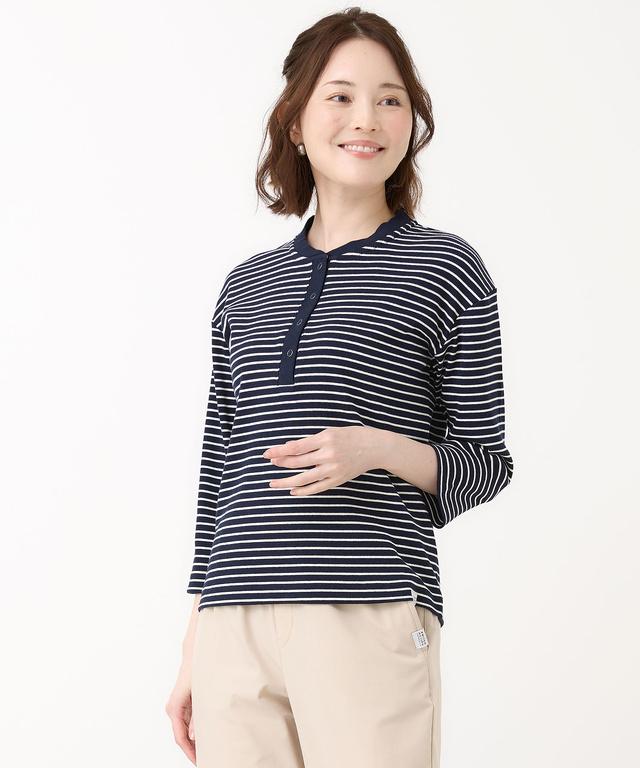 テレコボーダー ヘンリーネック 7分袖 Tシャツ