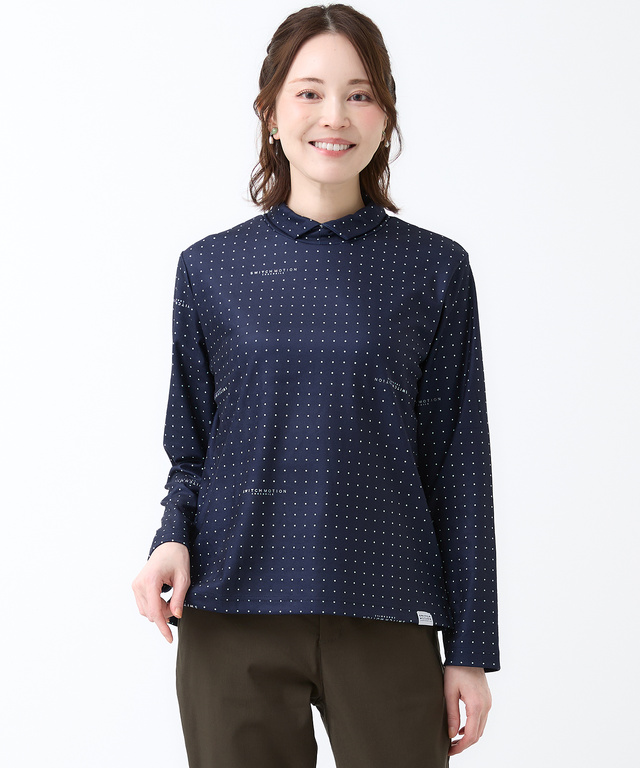 45R 現行タグ　ふわふわ二重織の馬Tシャツ　インディゴ ×ドット柄 レディース 両面起毛ベア天竺 ドットロゴプリント Tシャツ 【シワに