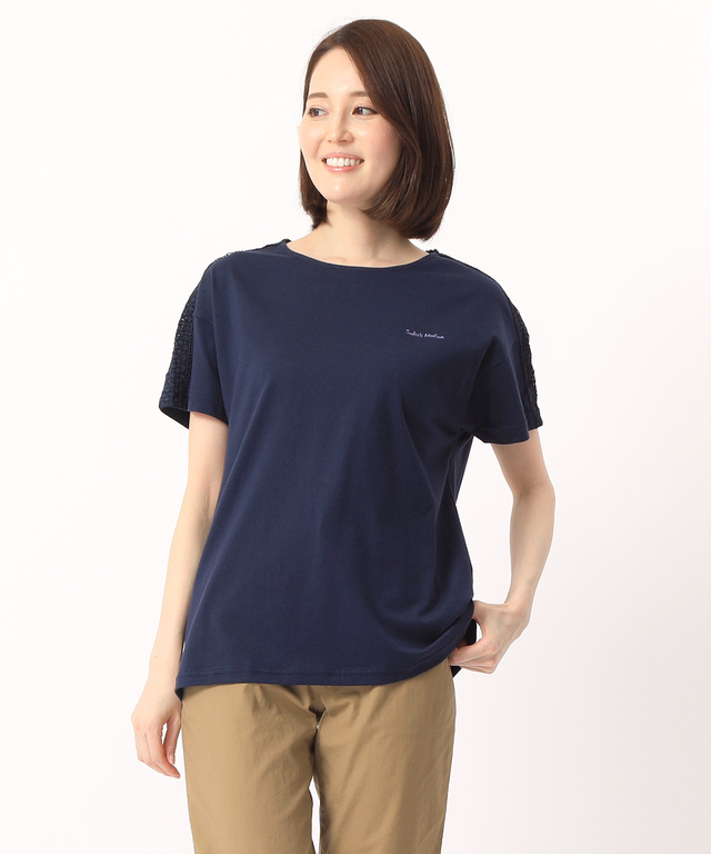 レース切り替えクルーTシャツ