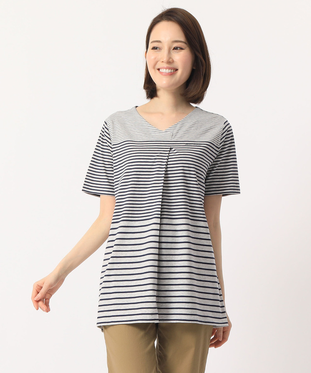タックVネックボーダーTシャツ【スノーコットン】
