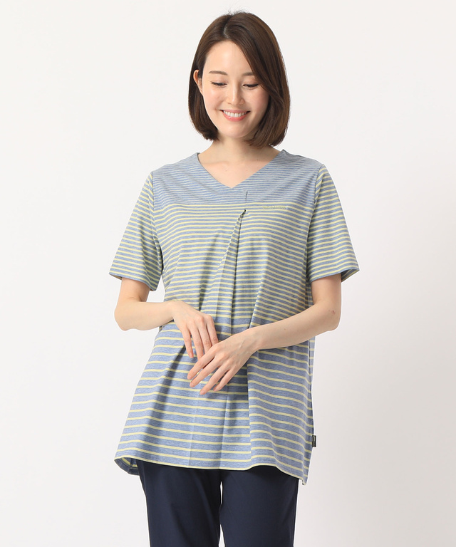 タックVネックボーダーTシャツ【スノーコットン】
