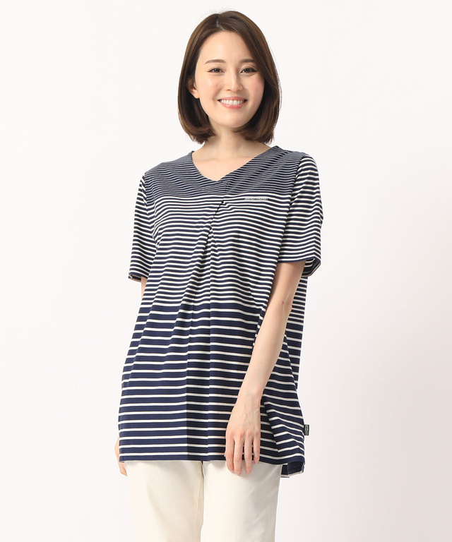 タックVネックボーダーTシャツ【スノーコットン】