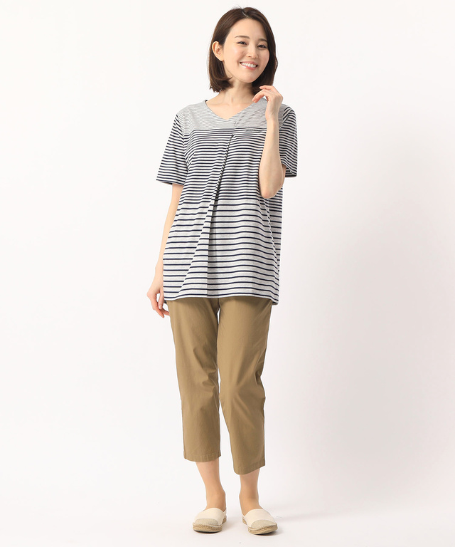 タックVネックボーダーTシャツ【スノーコットン】