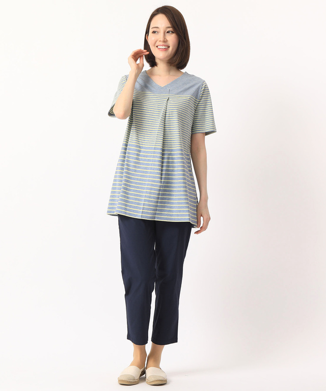 タックVネックボーダーTシャツ【スノーコットン】