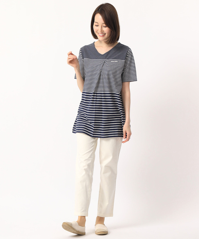 タックVネックボーダーTシャツ【スノーコットン】