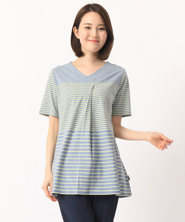 タックVネックボーダーTシャツ【スノーコットン】