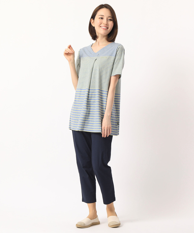 タックVネックボーダーTシャツ【スノーコットン】