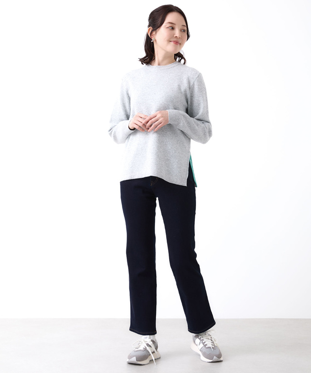 ウールブレンド 裾切り替え ロゴライン クルーネック ニット