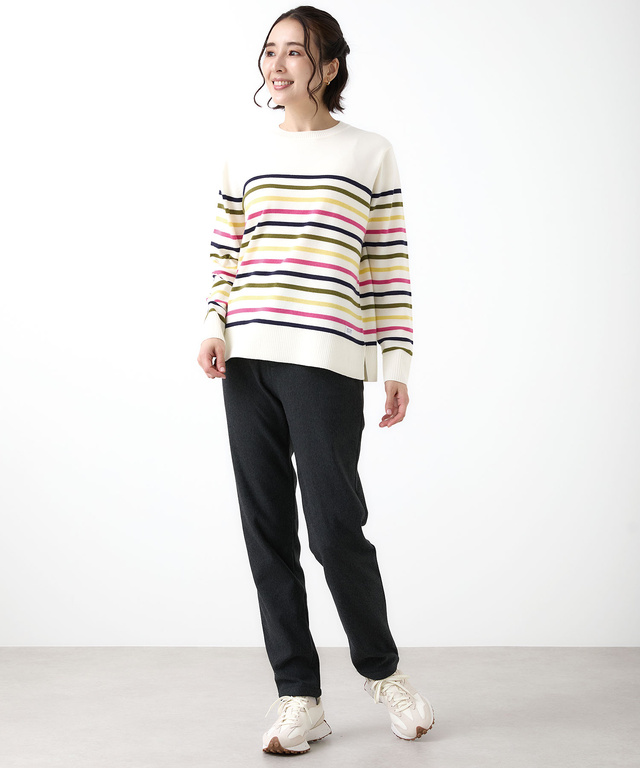 ウールブレンド パネルボーダー柄 ニット【手洗いOK】