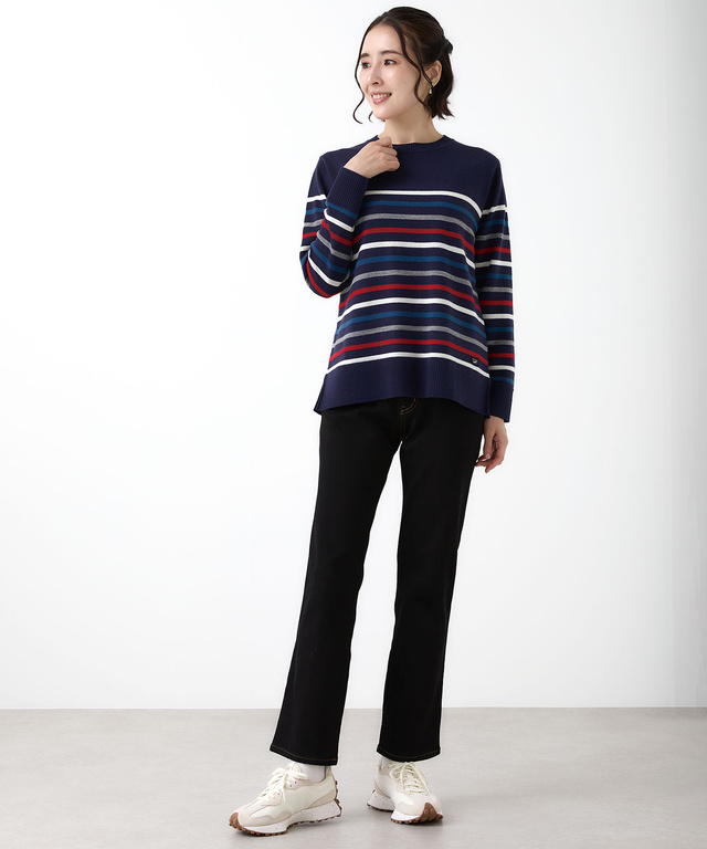 ウールブレンド パネルボーダー柄 ニット【手洗いOK】