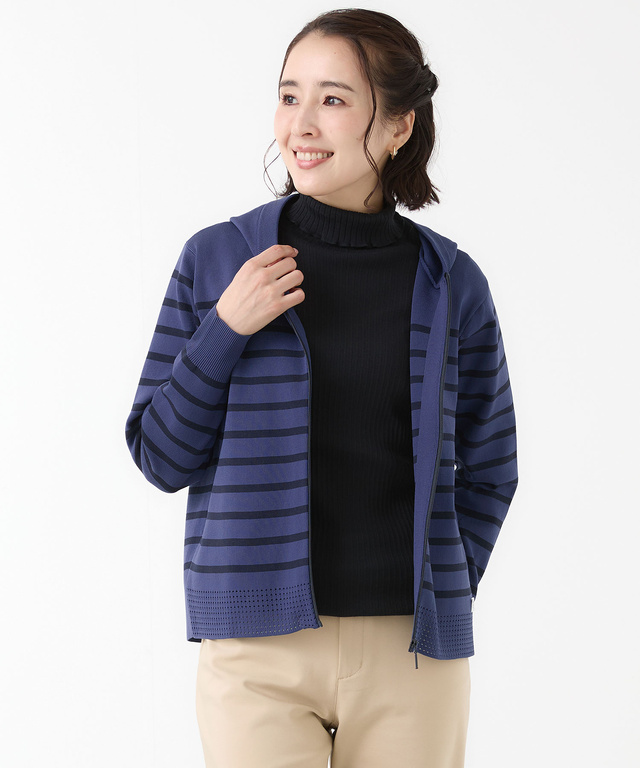 ボーダー柄 ジップアップ ニットパーカー